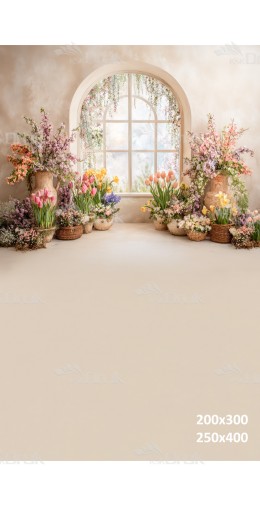 Tło fotograficzne „Wiosenne okno z kwiatami i tulipanami” | E641